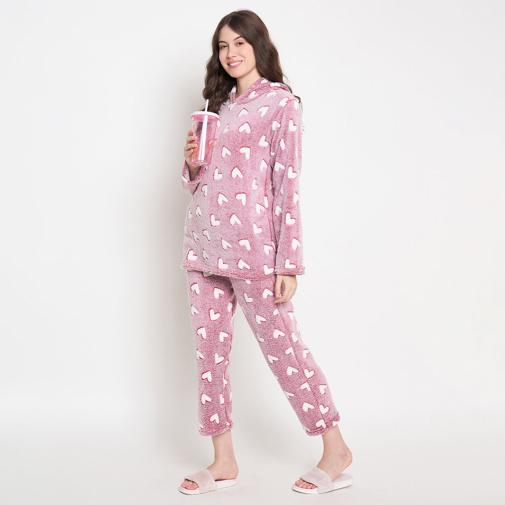Women's Winter Glow in Dark Printed Full Sleeve Hooded Top, Pajama Pants with Pockets