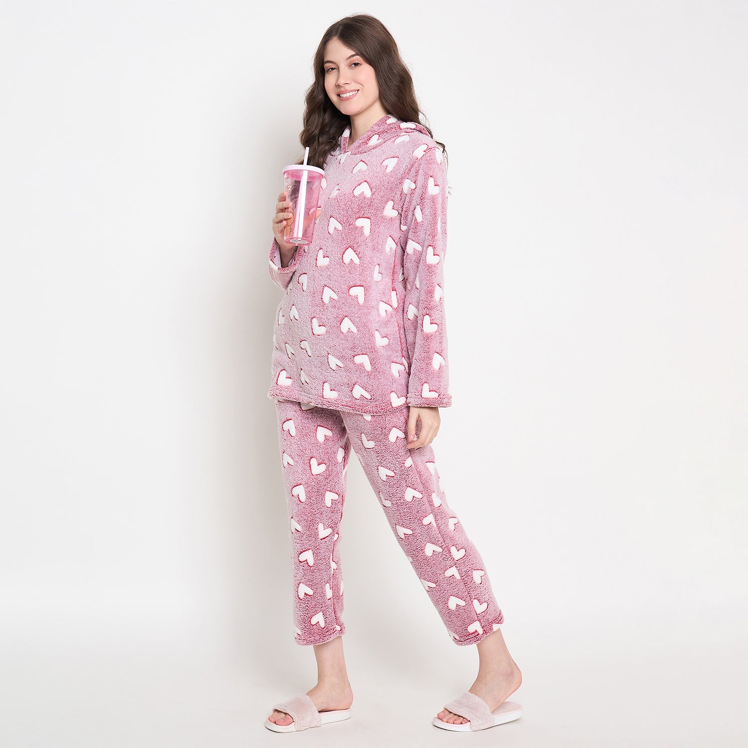 Women's Winter Glow in Dark Printed Full Sleeve Hooded Top, Pajama Pants with Pockets