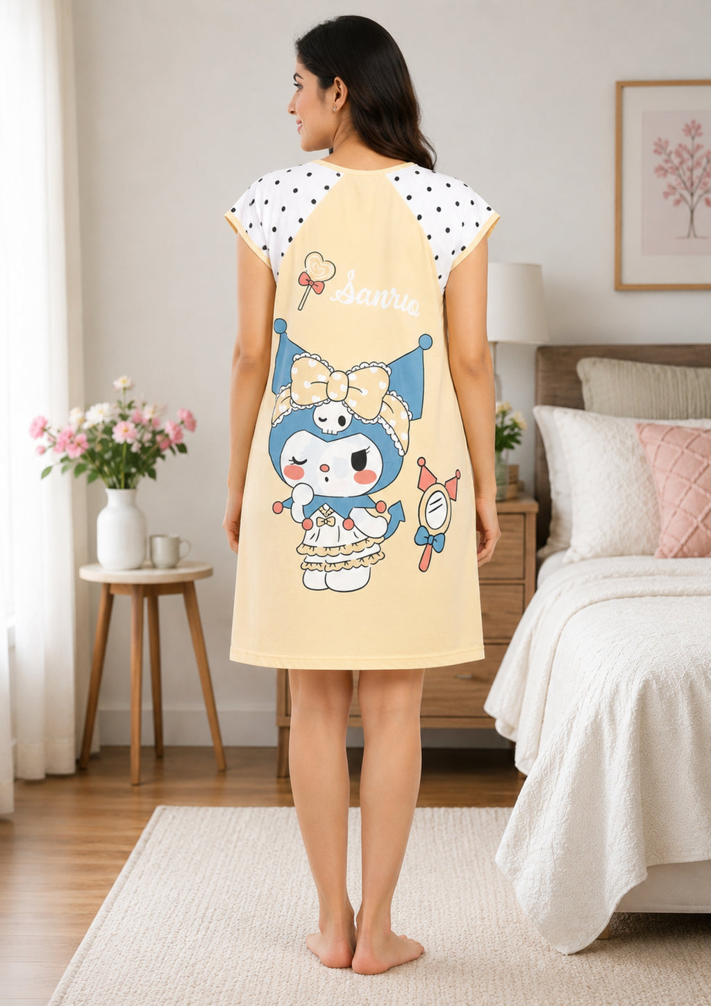 Women's Cute Cartoon Printed Knee Length Nighty | Soft Comfortable Loose Fit Short Sleeve Nighty for Women