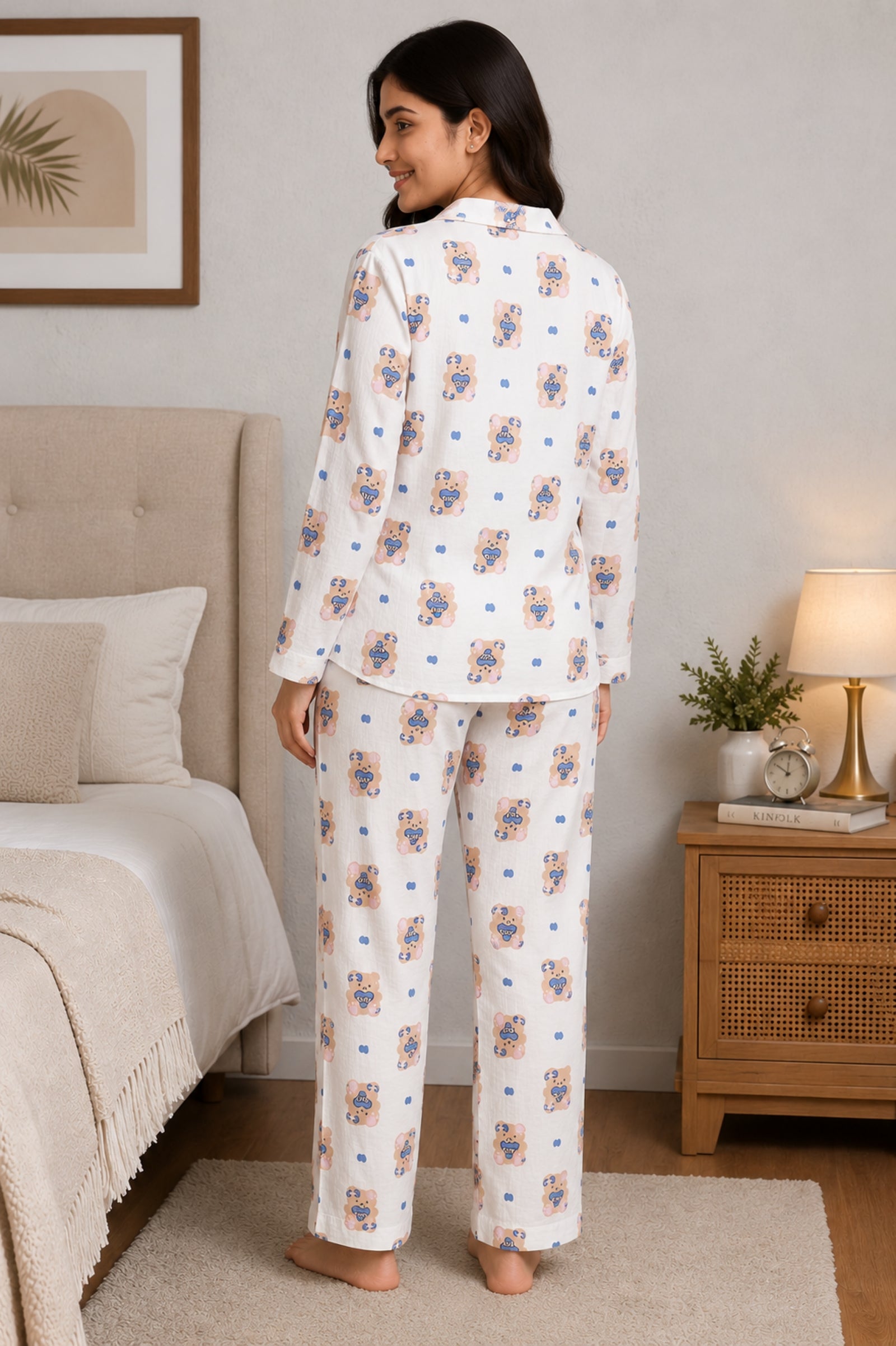 Women Night Suit Cotton Muslin Pyjama Set | Soft Printed Full Sleeve Sleepwear