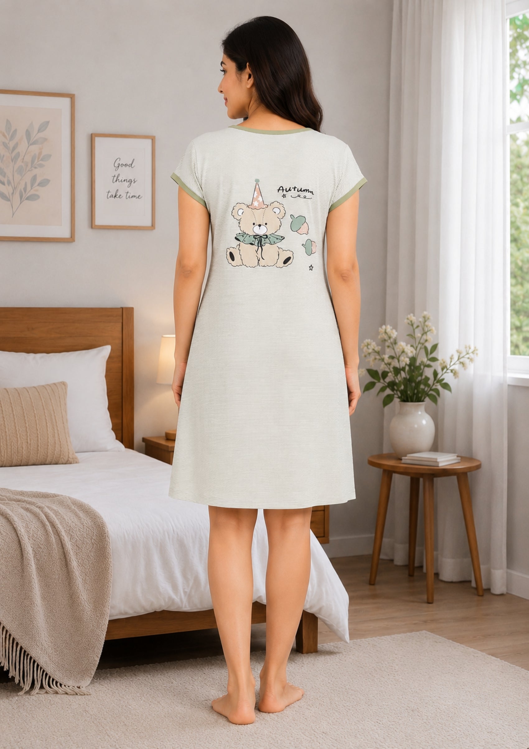 Women's Cute Cartoon Printed Knee Length Nighty | Soft Comfortable Loose Fit Short Sleeve Nighty for Women