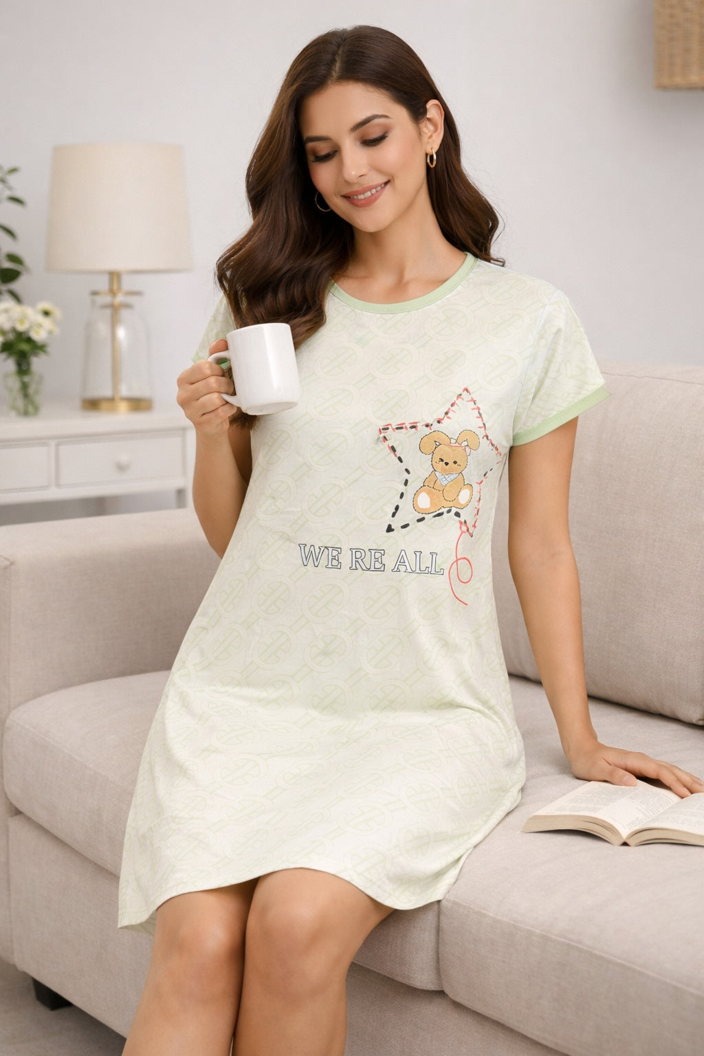 Women's short Nighty, Nightgown, Printed Pattern, Short Sleeve Sleep Dress