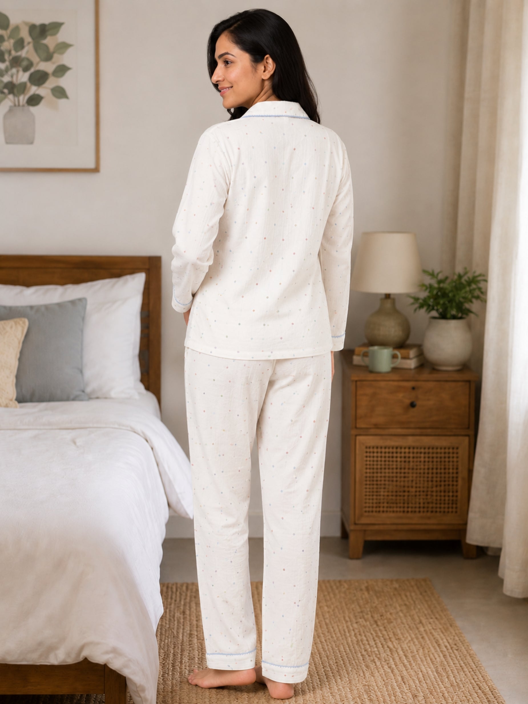 Women Night Suit Cotton Muslin Pyjama Set | Soft Printed Full Sleeve Sleepwear
