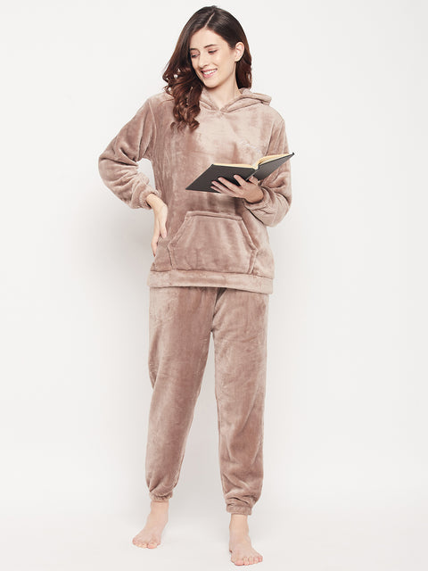 Women's Winter Full Sleeve Top and Pajama Pants Regular Fit Night Suit Hooded Top and Pyjama Set Ladies Night Dress