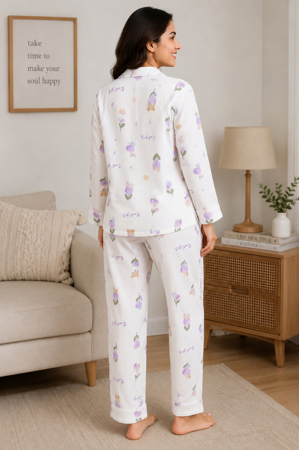 Women Night Suit Cotton Muslin Pyjama Set | Soft Printed Full Sleeve Sleepwear