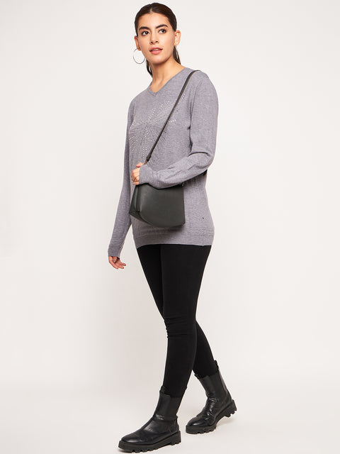 Women Woolen winter full sleeve stone print V- Neck top/Sweater