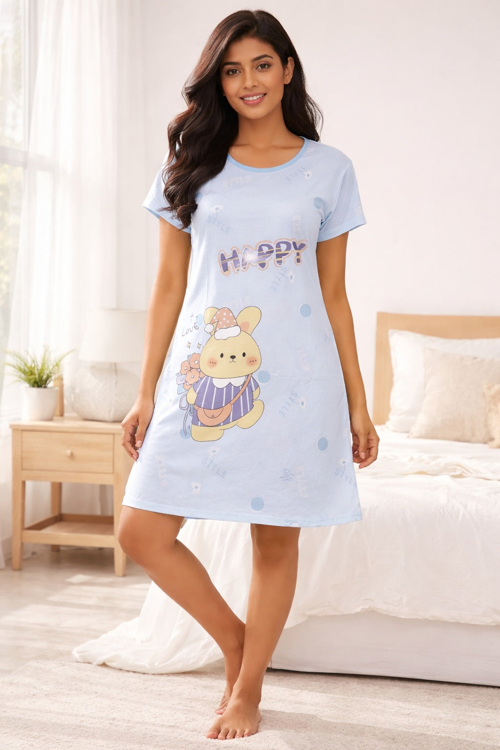 Women's short Nighty, Nightgown, Printed Pattern, Short Sleeve Sleep Dress