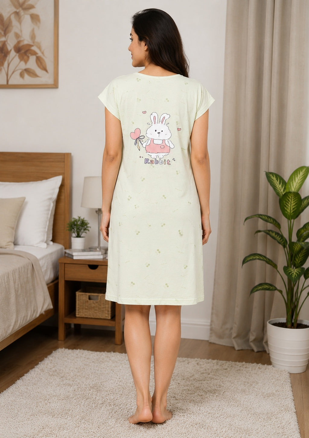 Women's Cute Cartoon Printed Knee Length Nighty | Soft Comfortable Loose Fit Short Sleeve Nighty for Women