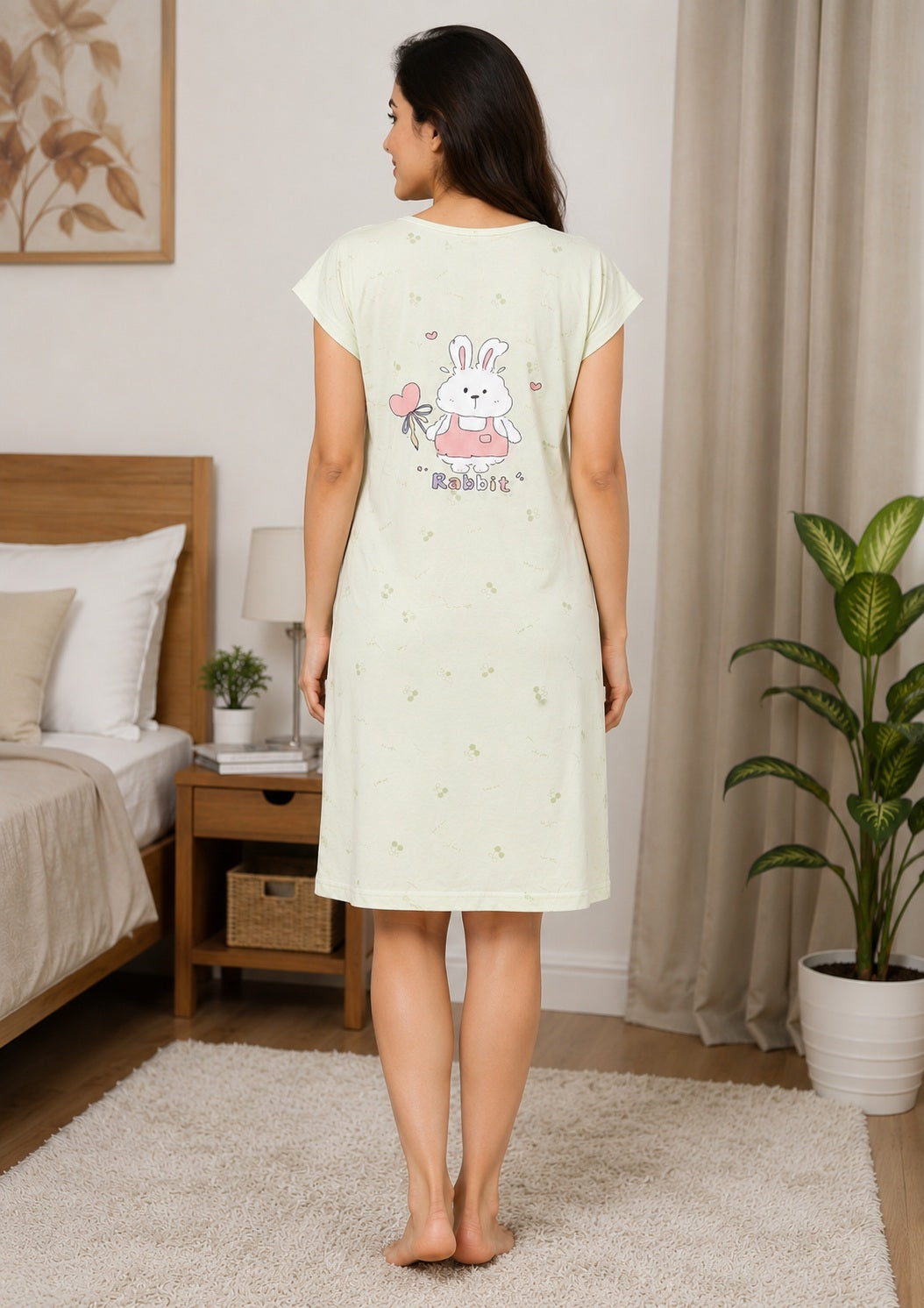 Women's Cute Cartoon Printed Knee Length Nighty | Soft Comfortable Loose Fit Short Sleeve Nighty for Women