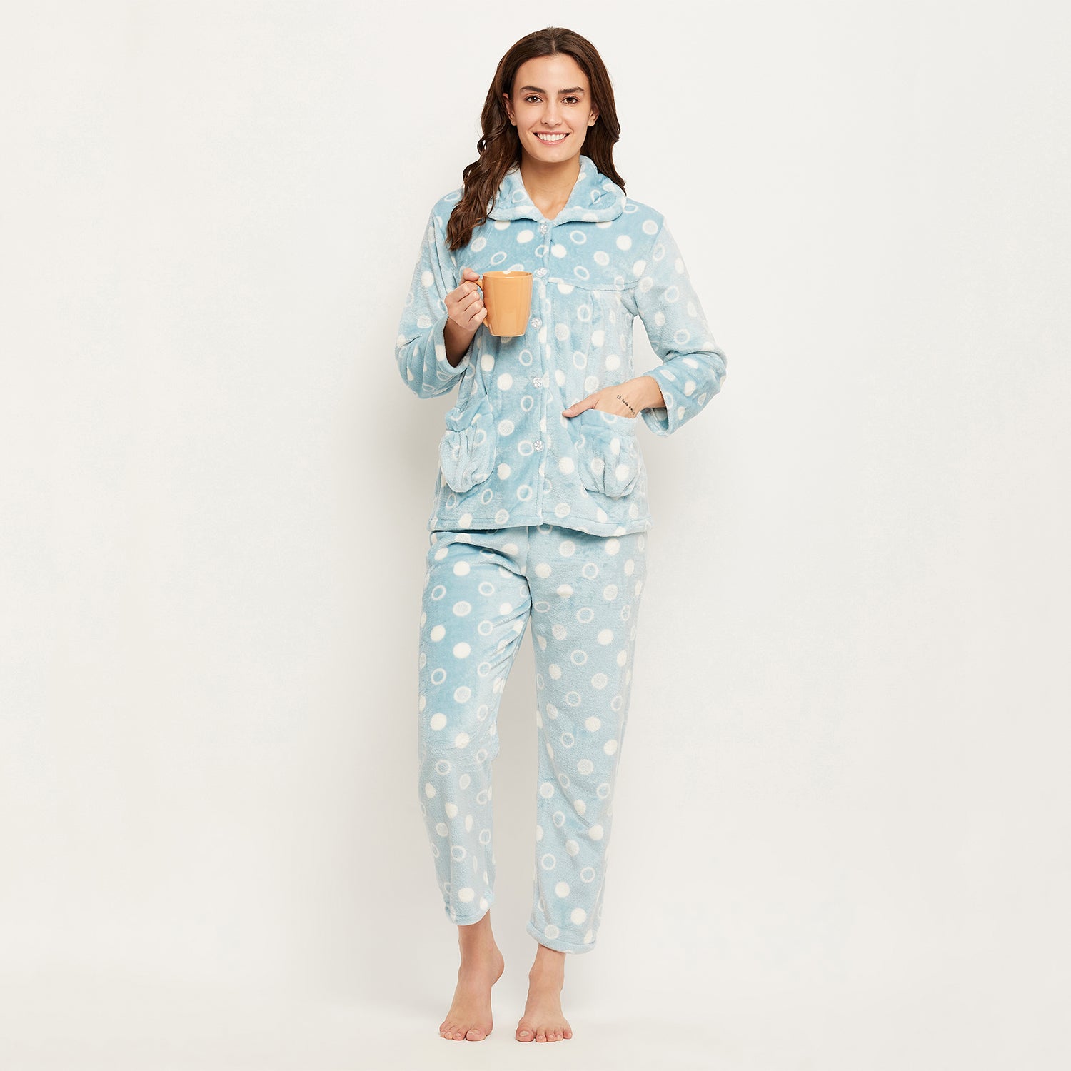 Women's Winter Full Sleeve Top and Pajama Pants Regular Fit Night Suit Collar Top and Pyjama Set Ladies Night Dress