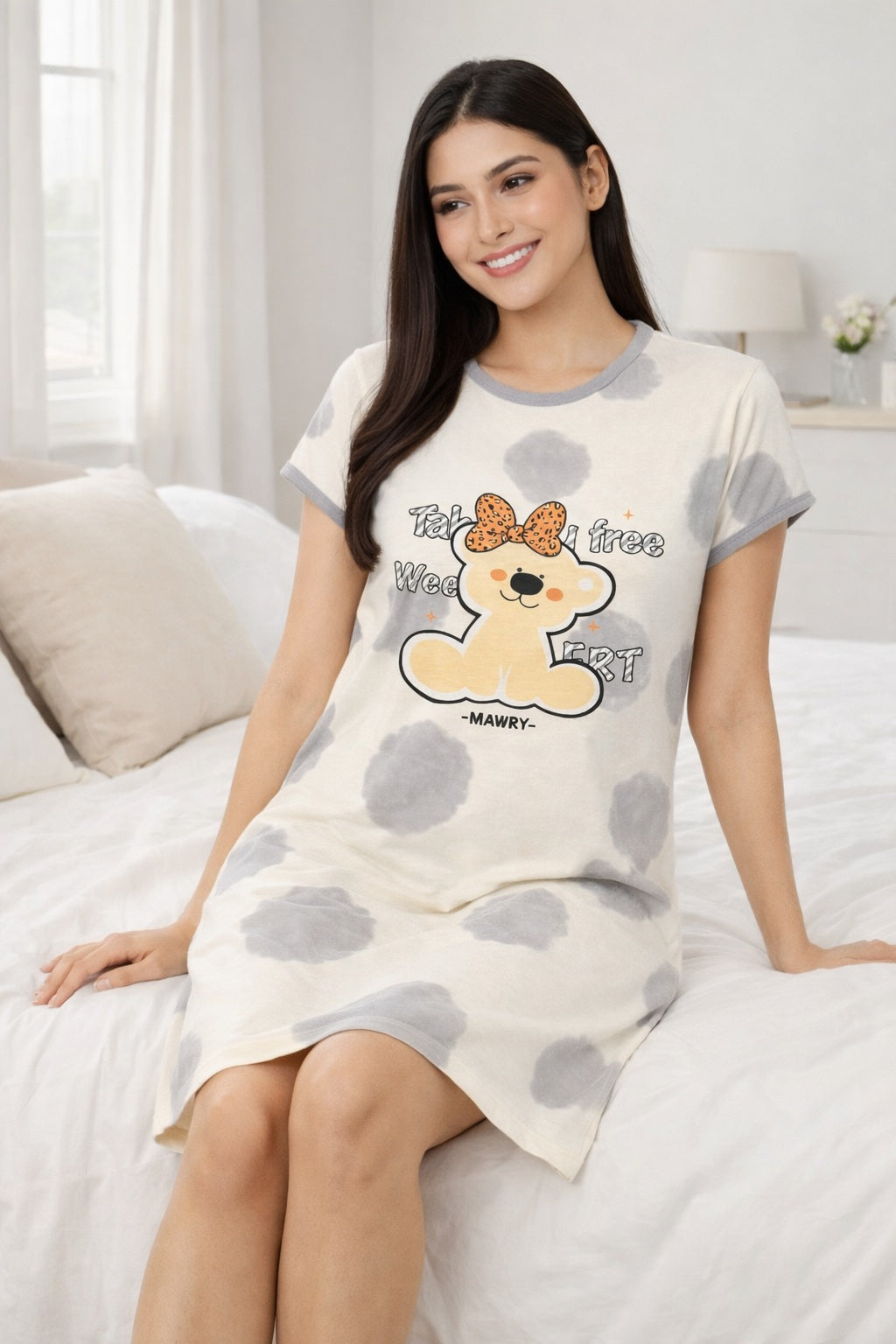 Women's short Nighty, Nightgown, Printed Pattern, Short Sleeve Sleep Dress