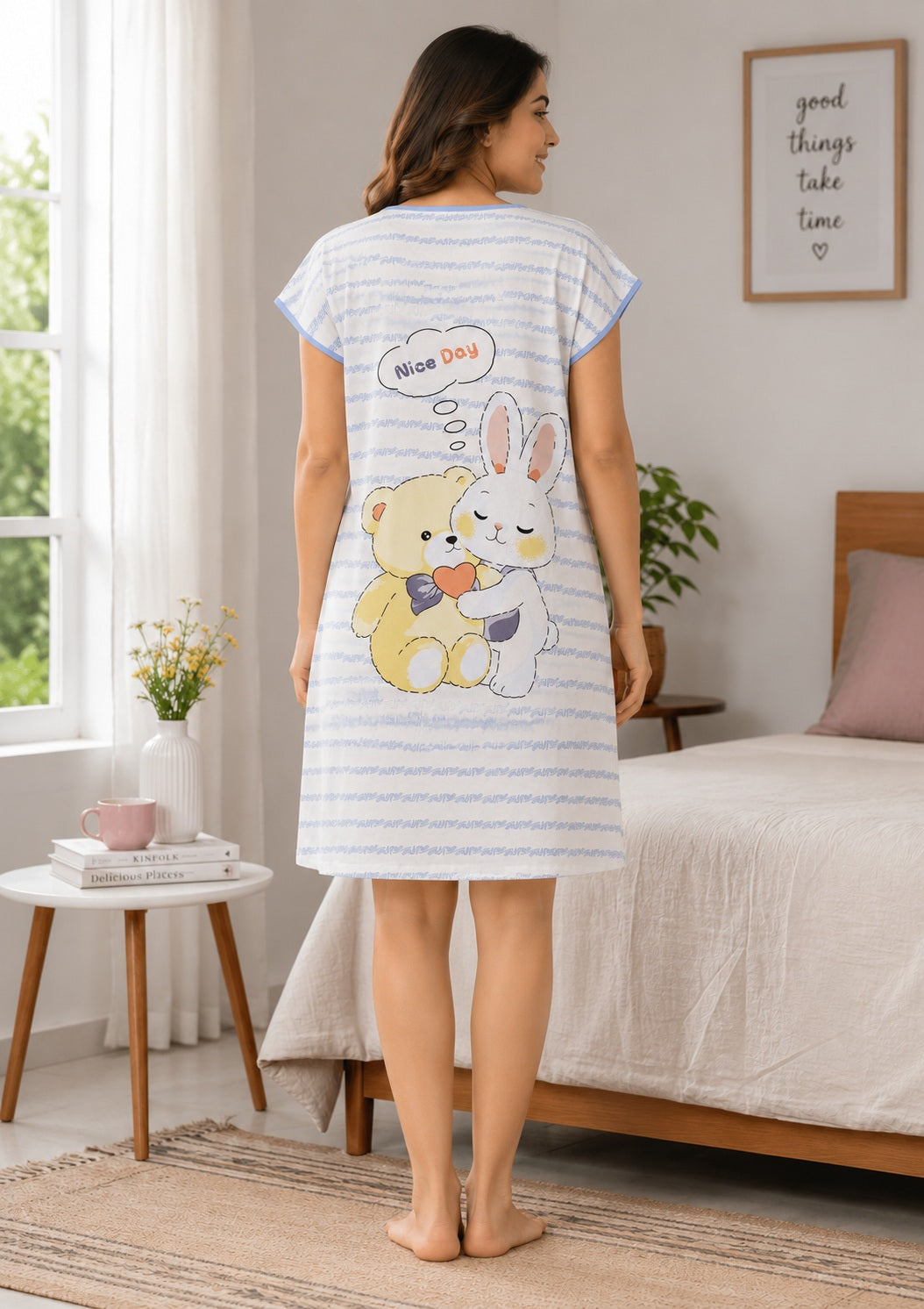 Women's Cute Cartoon Printed Knee Length Nighty | Soft Comfortable Loose Fit Short Sleeve Nighty for Women