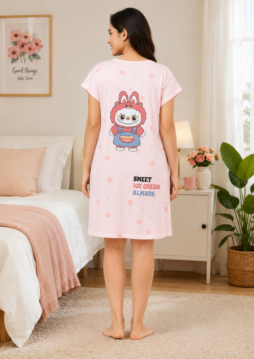 Women's Cute Cartoon Printed Knee Length Nighty | Soft Comfortable Loose Fit Short Sleeve Nighty for Women