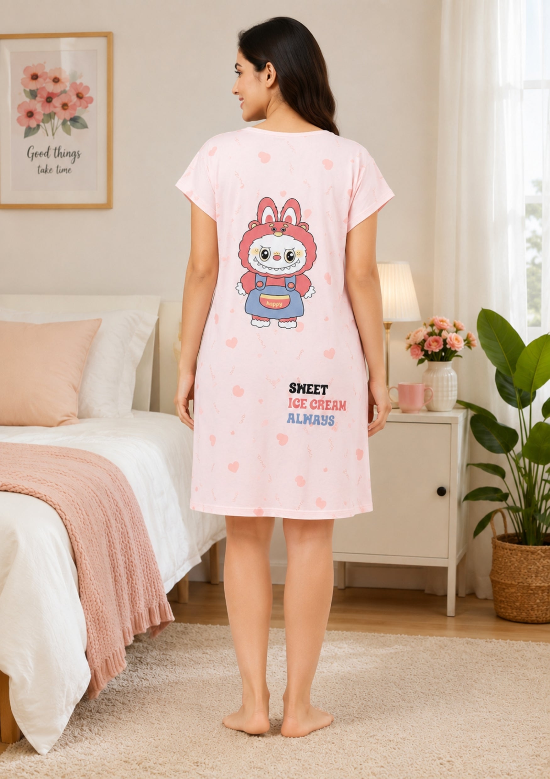 Women's Cute Cartoon Printed Knee Length Nighty | Soft Comfortable Loose Fit Short Sleeve Nighty for Women