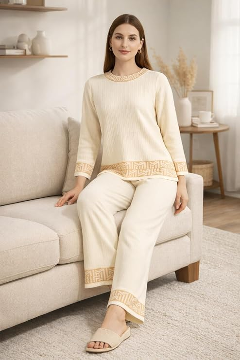 CAMEY Women's Wool Lounge Wear Set, Full Sleeve Ribbed Top with Relaxed Fit Pants, Geometric Trim Detail, Warm Winter Co-Ord Nightwear