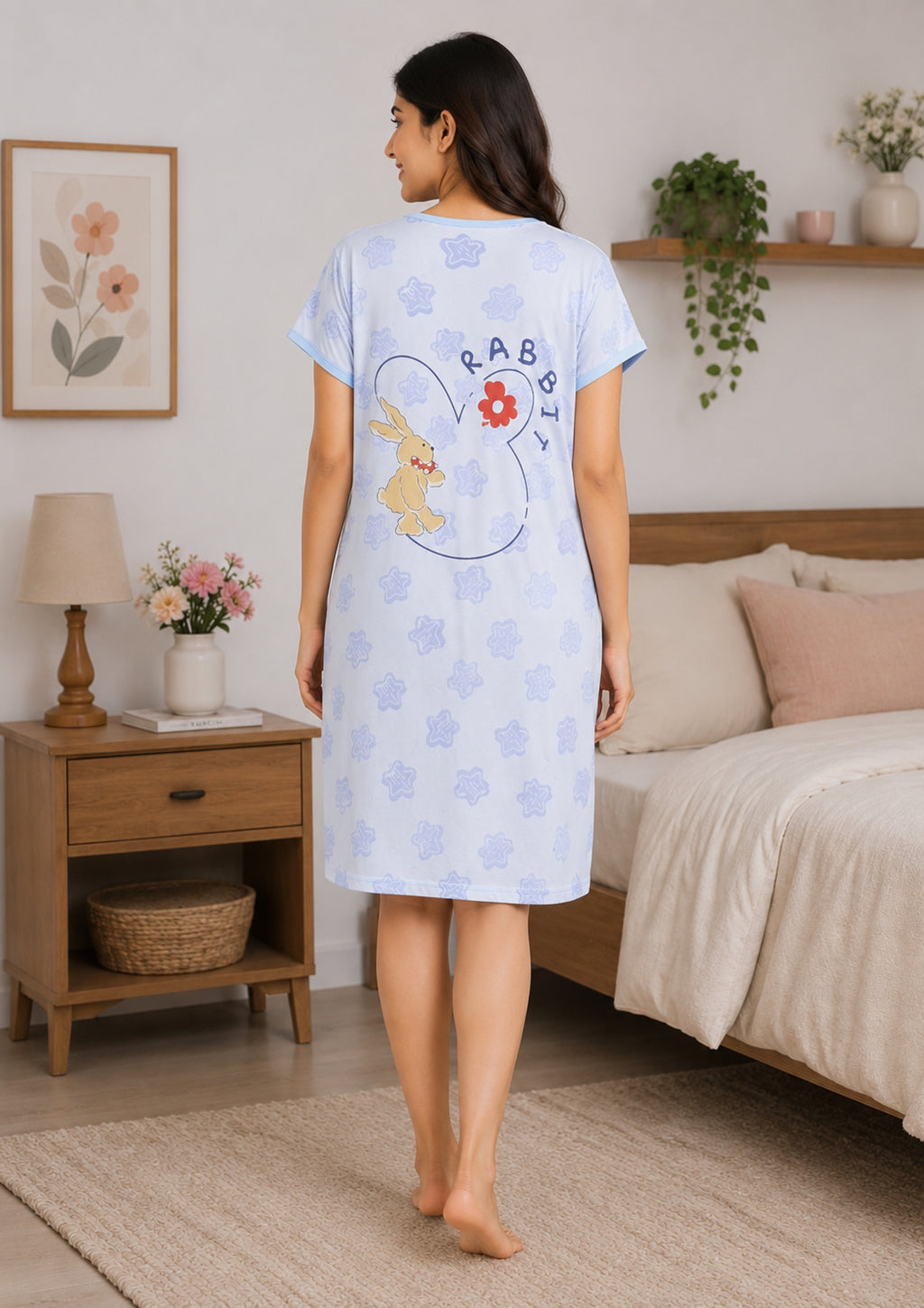 Women's Cute Cartoon Printed Knee Length Nighty | Soft Comfortable Loose Fit Short Sleeve Nighty for Women  &nbsp;