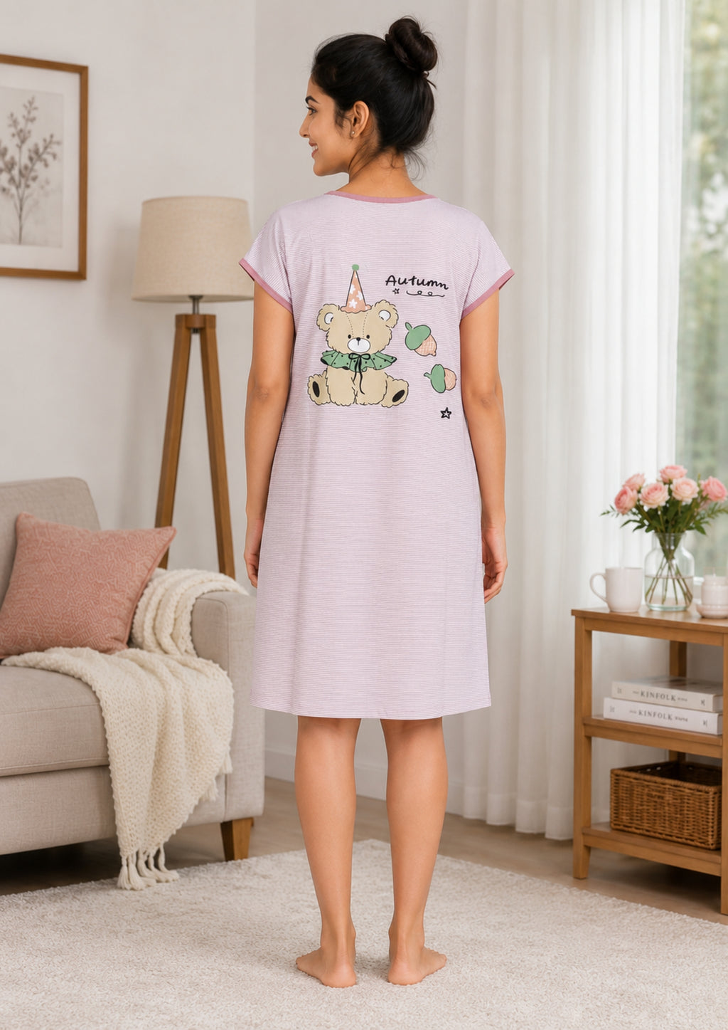 Women's Cute Cartoon Printed Knee Length Nighty | Soft Comfortable Loose Fit Short Sleeve Nighty for Women