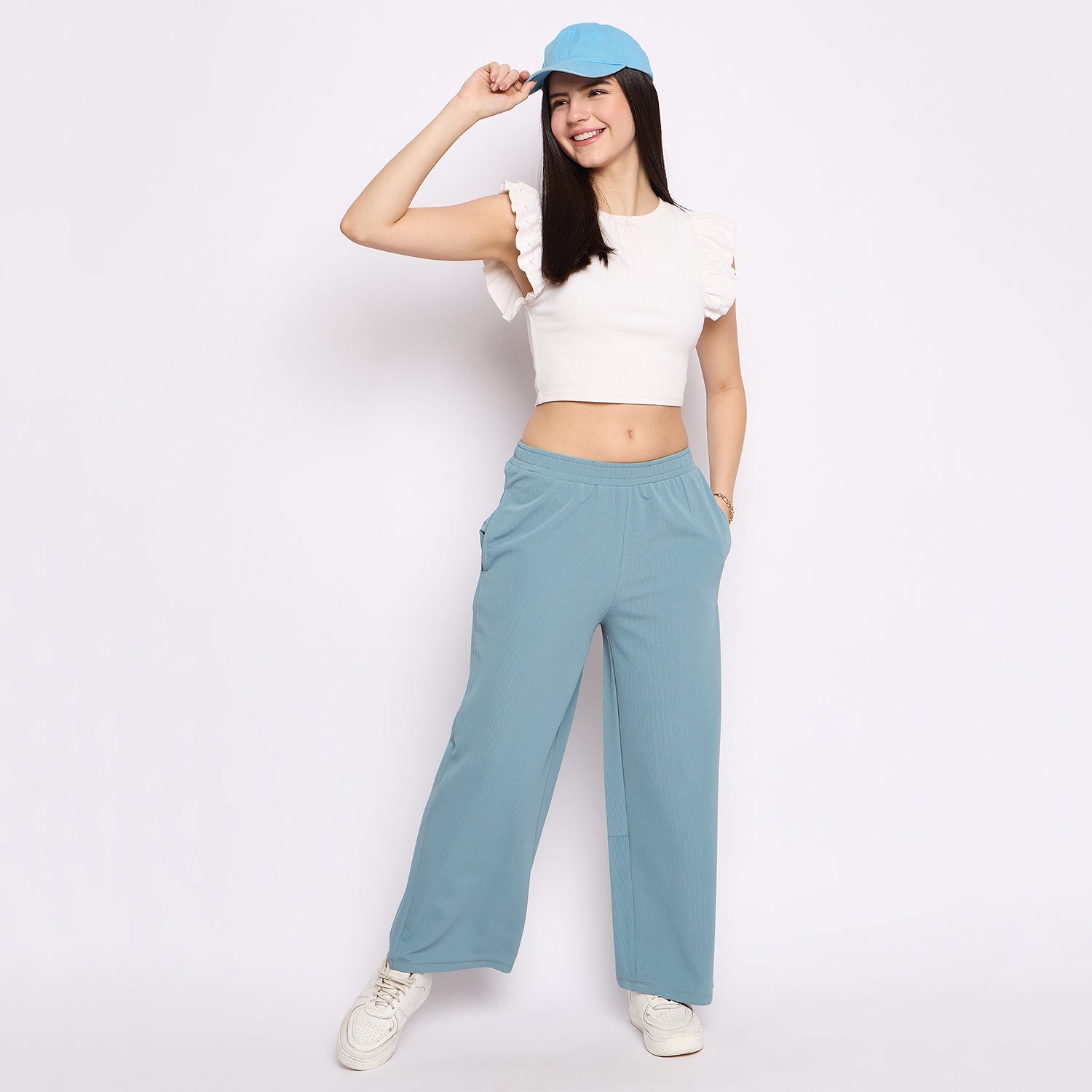 Women's Palazzo Pants with Pockets, Wide Leg, Ribbed Pattern, Elastic Waistband, Teal