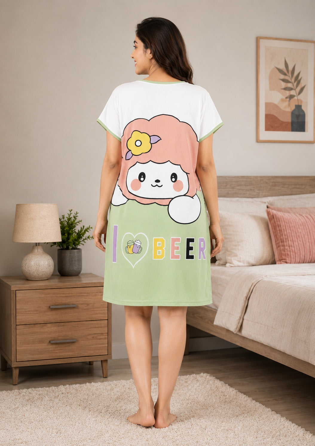 Women's Cute Cartoon Printed Knee Length Nighty | Soft Comfortable Loose Fit Short Sleeve Nighty for Women