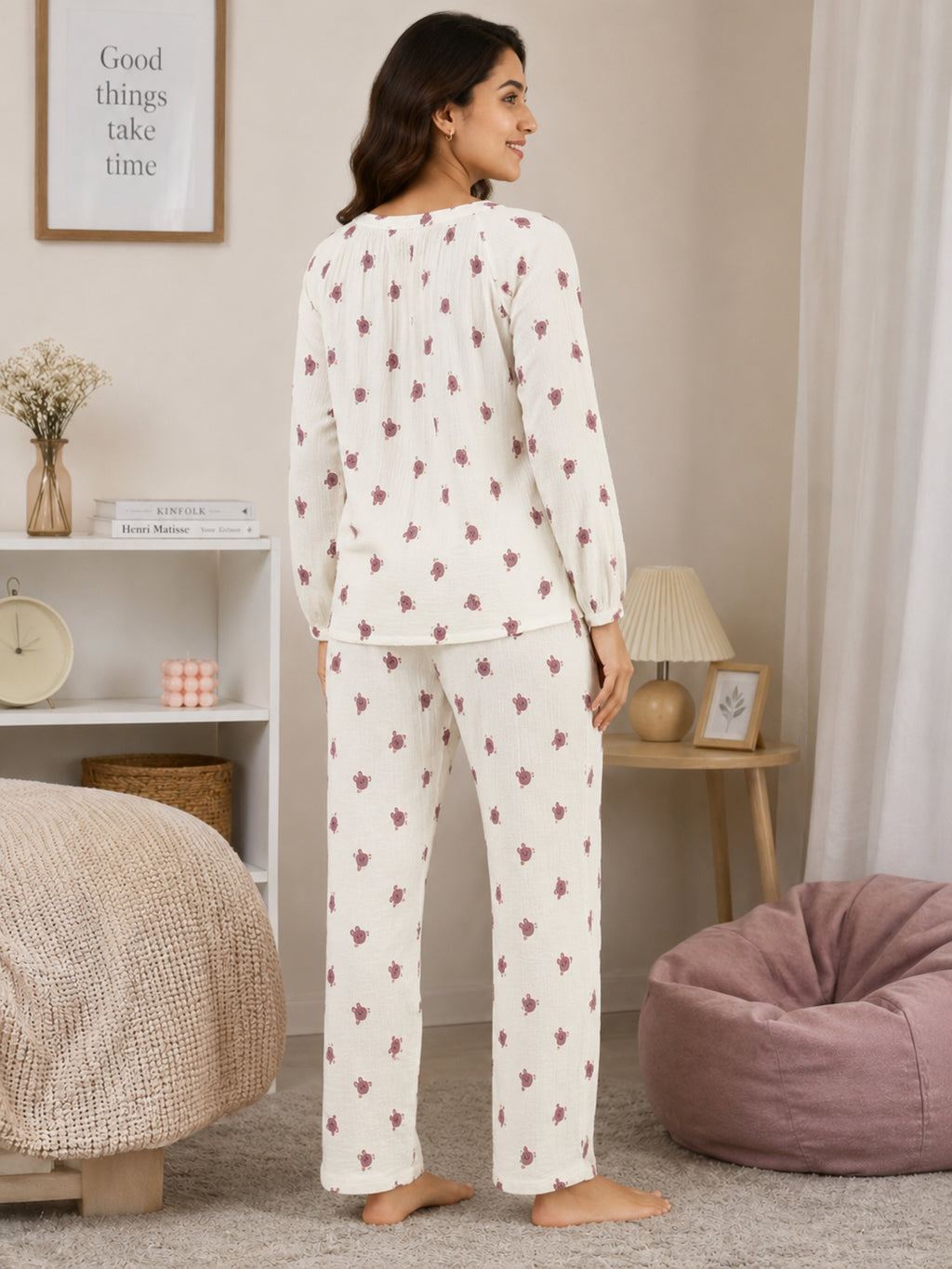 Women Night Suit Cotton Muslin Pyjama Set | Soft Printed Full Sleeve Sleepwear