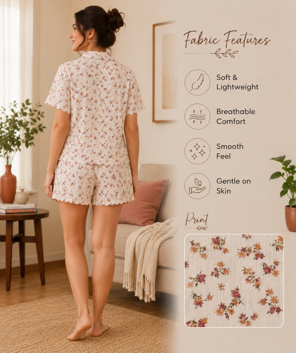 Women Night Suit, Loose Fit Short Set, Shirt & Short Loungewear, Printed Co-Ord, Stretch Fabric