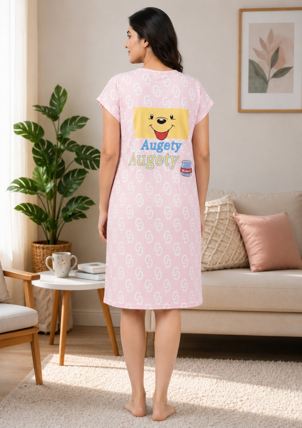 Women's Cute Cartoon Printed Knee Length Nighty | Soft Comfortable Loose Fit Short Sleeve Nighty for Women