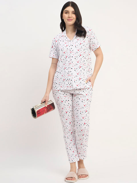 Women's Printed Nightsuit Pajama Set, Short Sleeve Button-Down Top with Pants, Cotton Nightwear, White