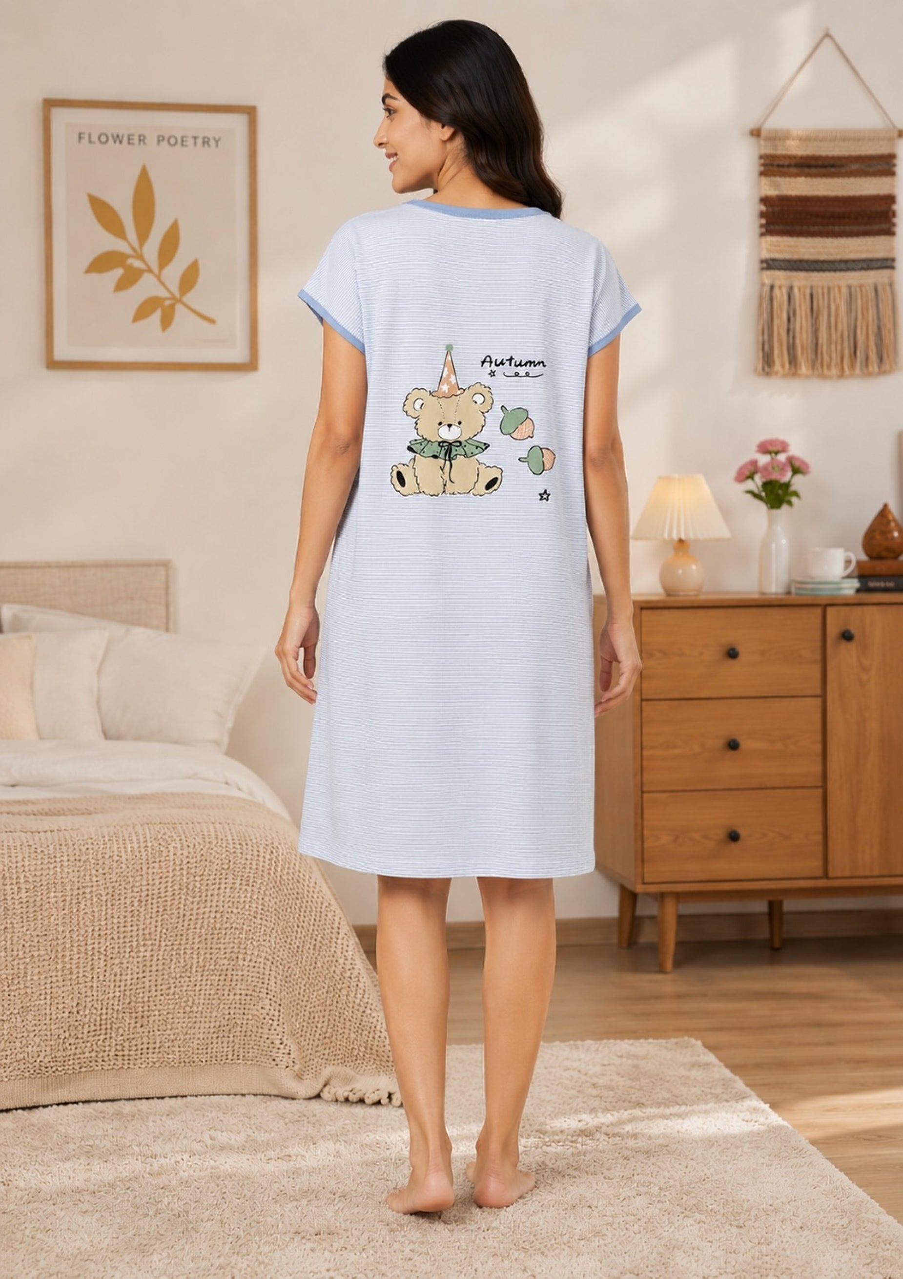 Women's Cute Cartoon Printed Knee Length Nighty | Soft Comfortable Loose Fit Short Sleeve Nighty for Women