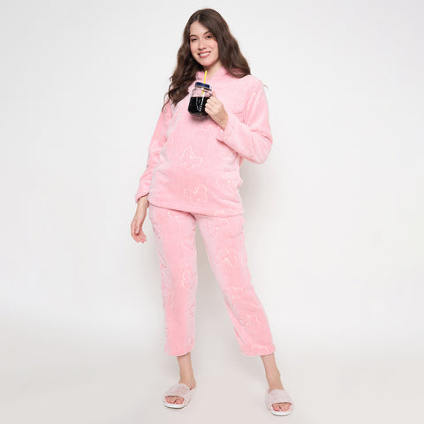 Women's Winter Glow in Dark Printed Full Sleeve Hooded Top, Pajama Pants with Pockets