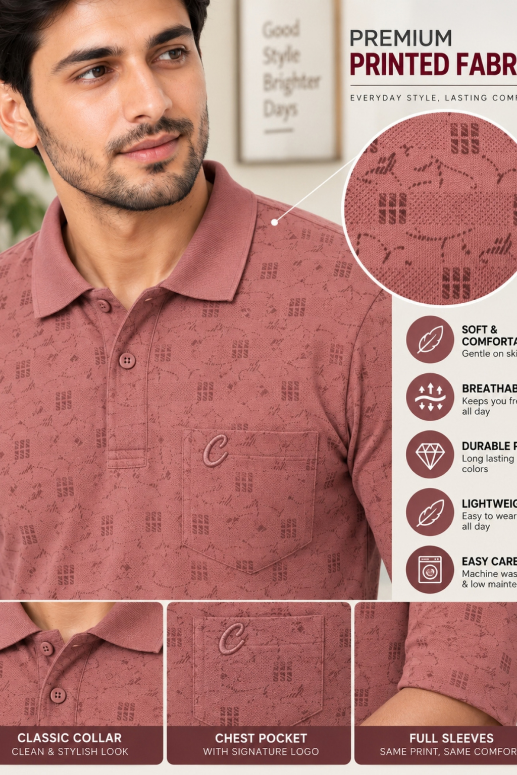 Men's Printed Full Sleeve T-Shirt For Men Polo Neck With Chest Pocket