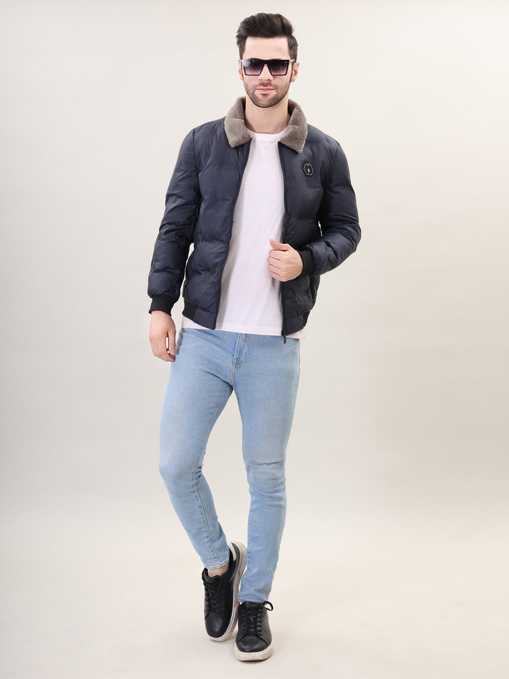 Navy Spread Collar Puffer Jacket for Mens