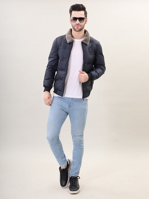 Navy Spread Collar Puffer Jacket for Mens