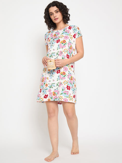 Women's Printed Nightgown, Short Sleeve Sleep Dress, Short Length, Short Nighty, White Red