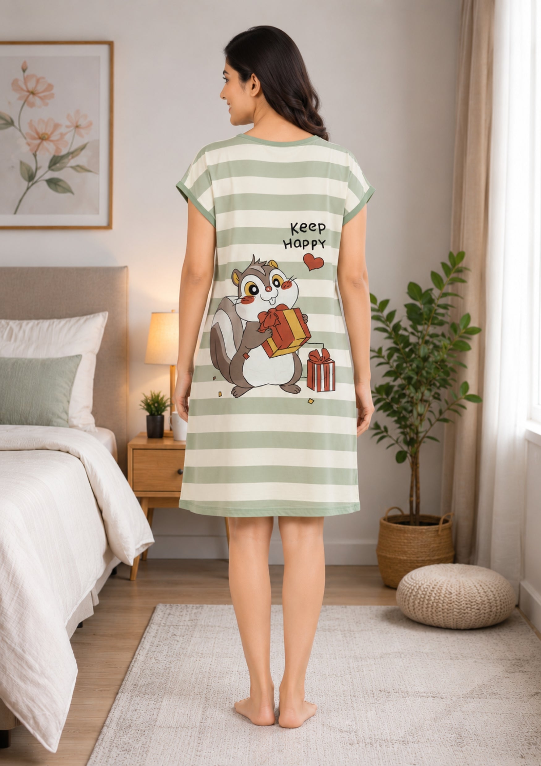 Women's Cute Cartoon Printed Knee Length Nighty | Soft Comfortable Loose Fit Short Sleeve Nighty for Women