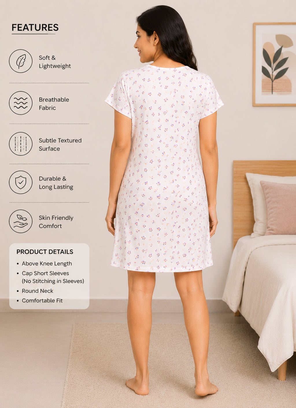 Women’s Knee Length Nighty | Soft Comfortable Sleepwear | Cap Sleeve Short Night Dress