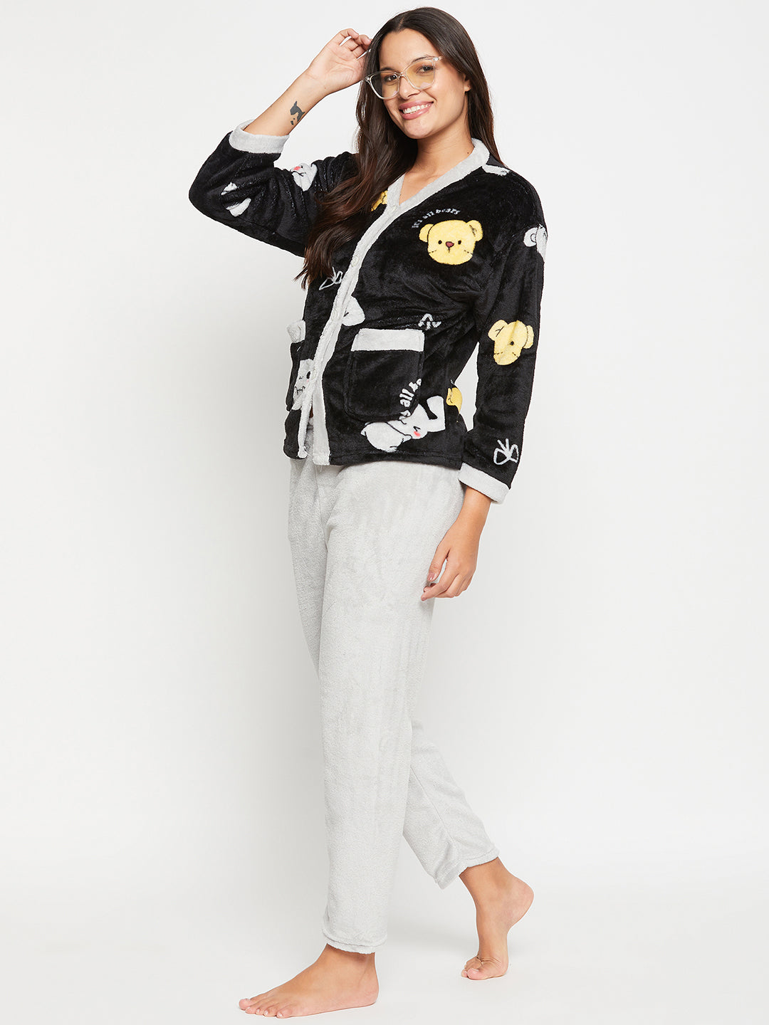 Women Printed Winter Full Sleeve Front open Top and Pajama Pants