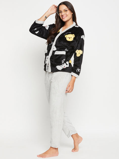 Women Printed Winter Full Sleeve Front open Top and Pajama Pants