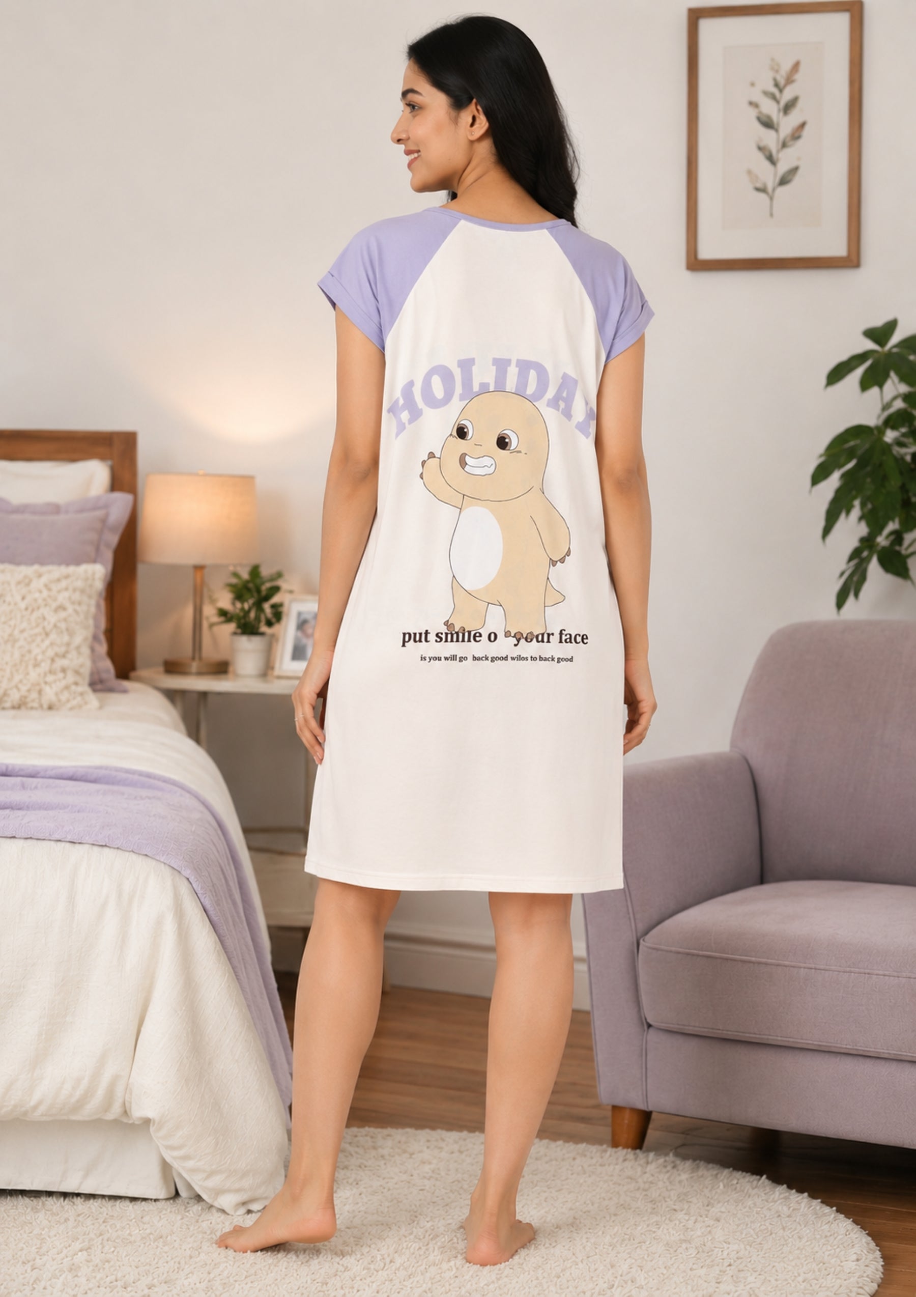 Women's Cute Cartoon Printed Knee Length Nighty | Soft Comfortable Loose Fit Short Sleeve Nighty for Women