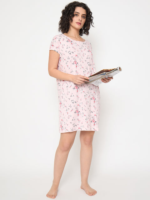 Women's Printed Nightgown, Short Sleeve Sleep Dress, Short Length, Short Nighty, Peach Red