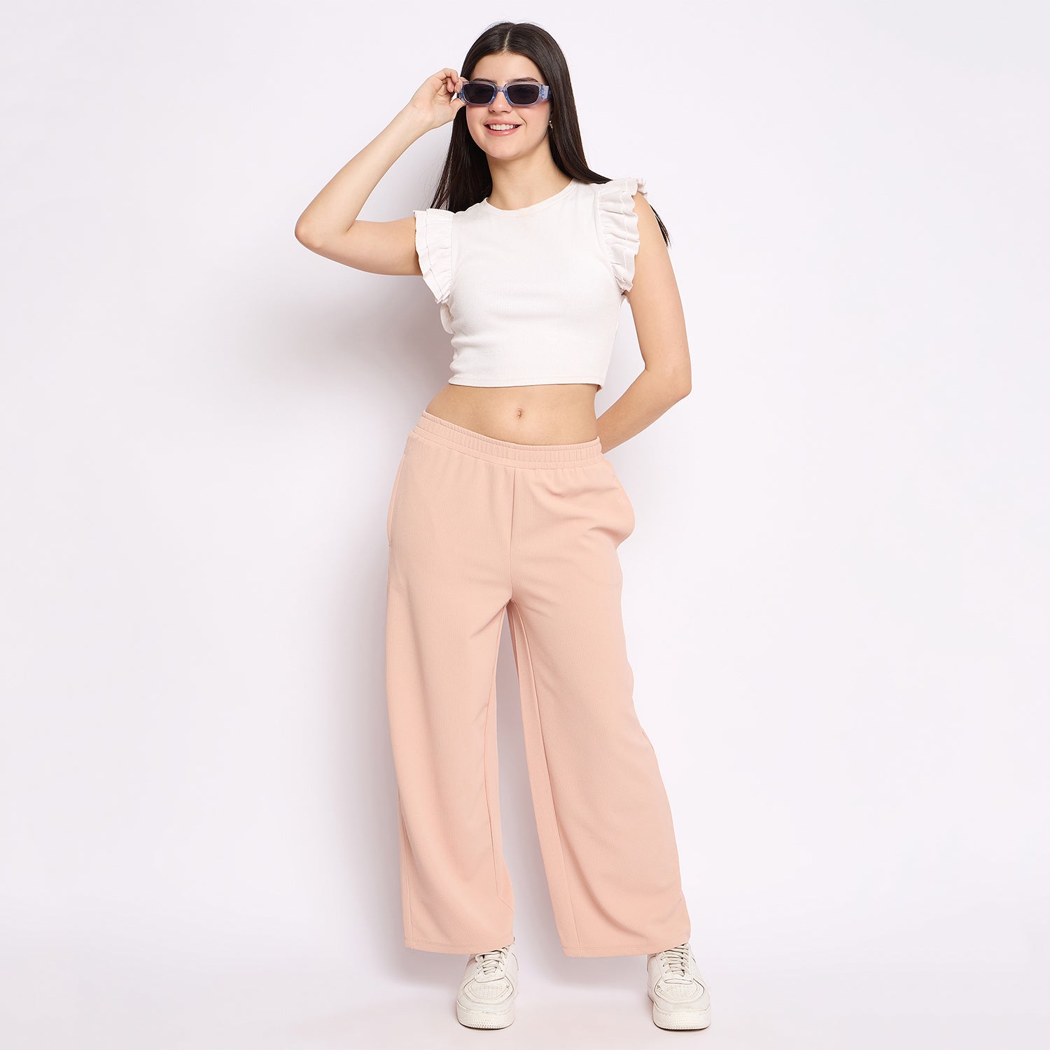 Women's Palazzo Pants with Pockets, Wide Leg, Ribbed Pattern, Elastic Waistband, Pink