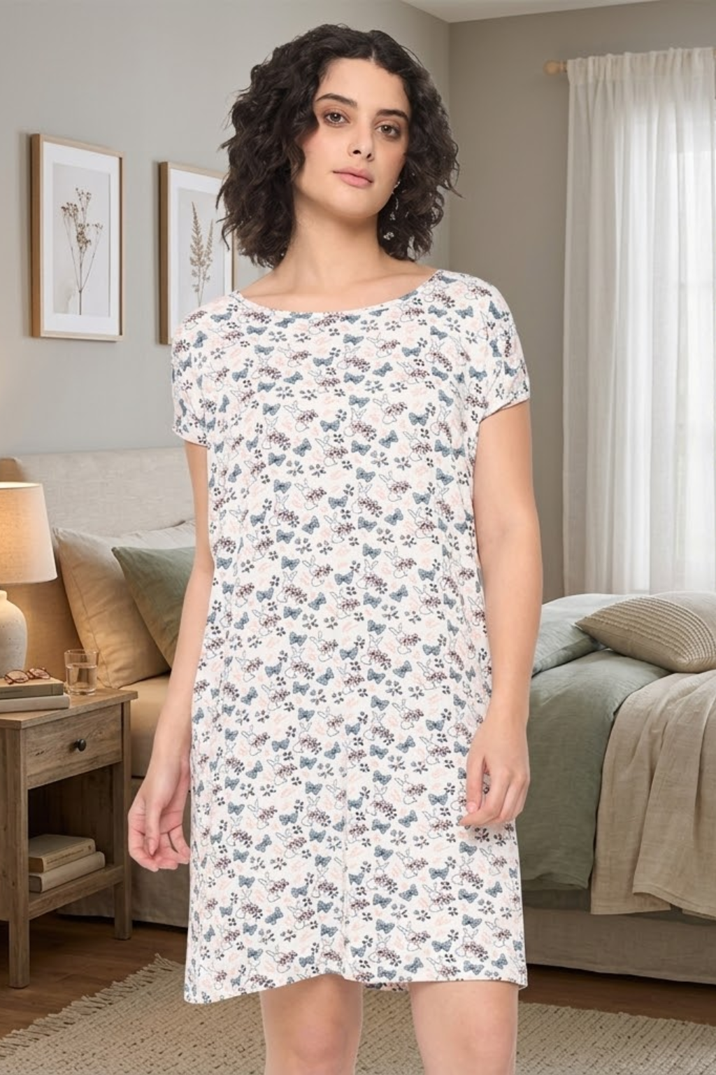 Camey Nighty Online – Fashionable Women's Night Sets | Women's Printed Nightgown, Short Sleeve Sleep Dress, Short Length, Short Nighty, White Grey