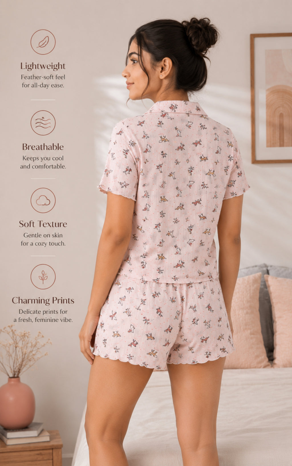 Women Night Suit, Loose Fit Short Set, Shirt & Short Loungewear, Printed Co-Ord, Stretch Fabric