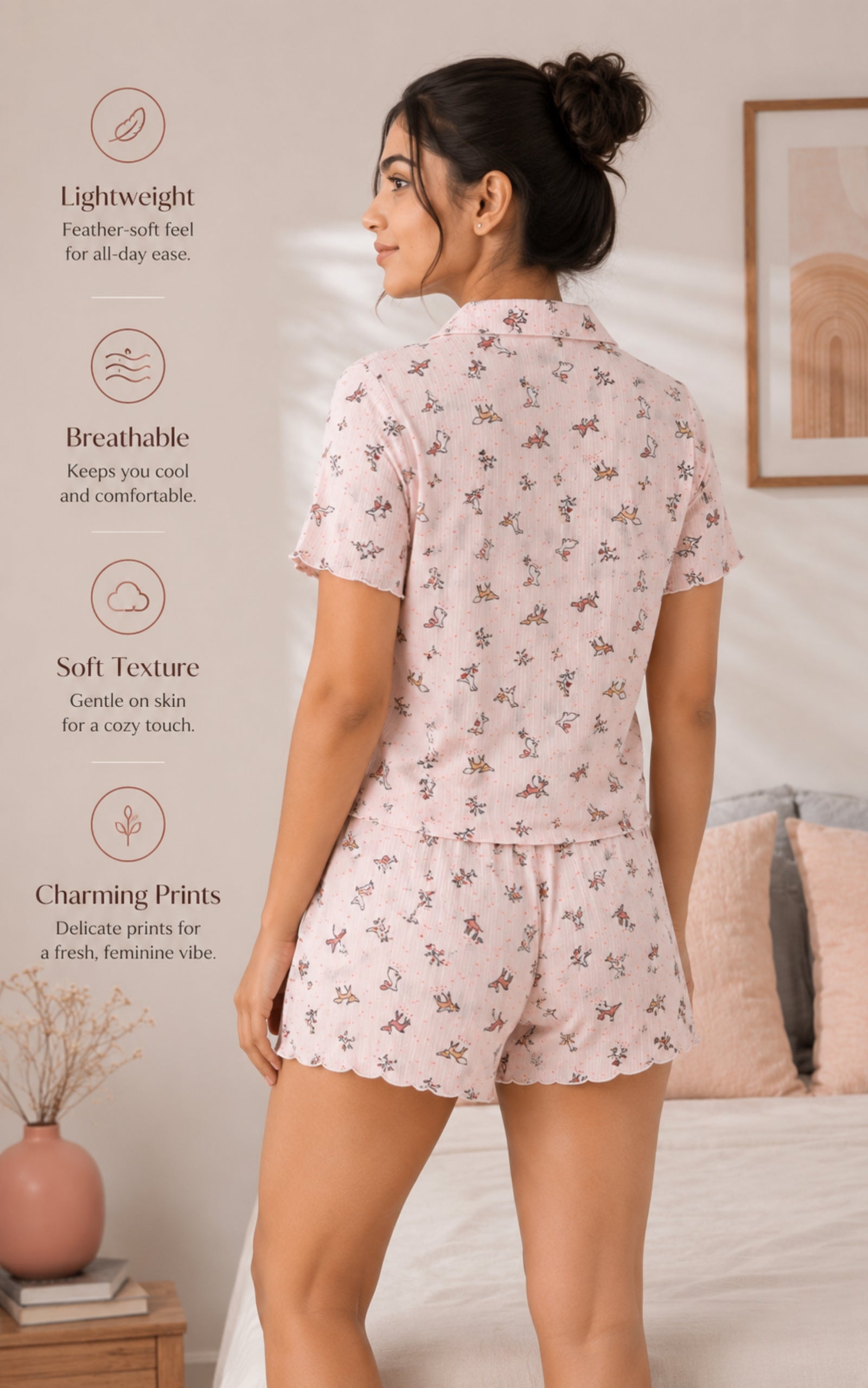 Women Night Suit, Loose Fit Short Set, Shirt & Short Loungewear, Printed Co-Ord, Stretch Fabric