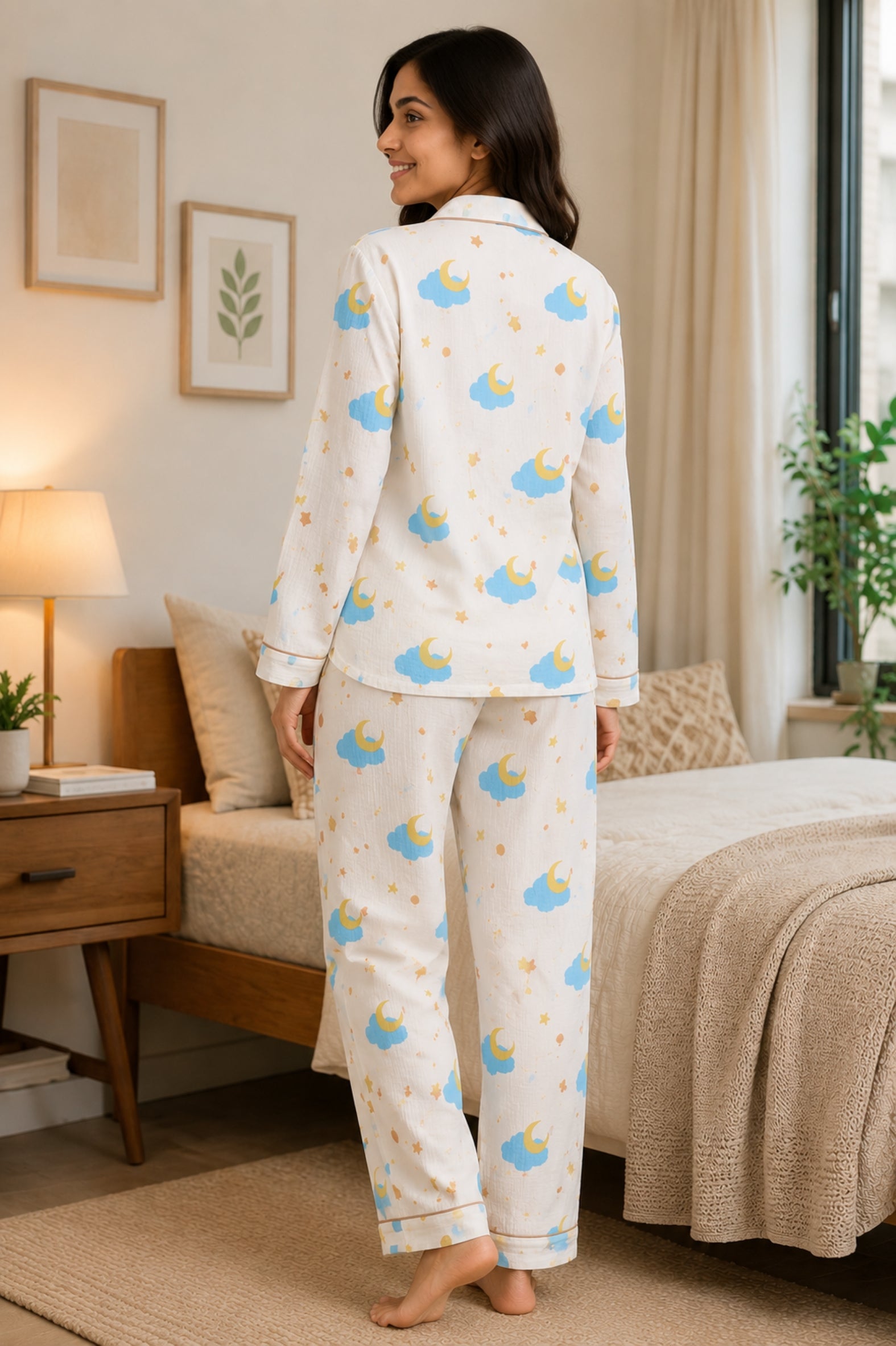 Women Night Suit Cotton Muslin Pyjama Set | Soft Printed Full Sleeve Sleepwear
