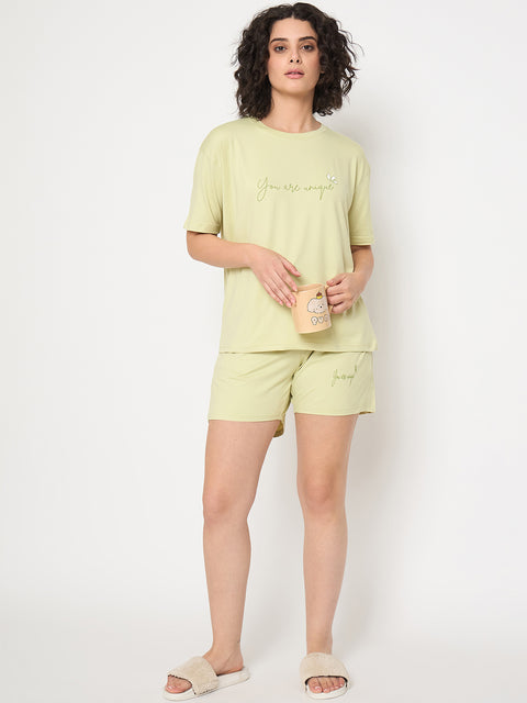 Women's Cotton Loungewear Set, Short Sleeve T-Shirt and Shorts, Light Green