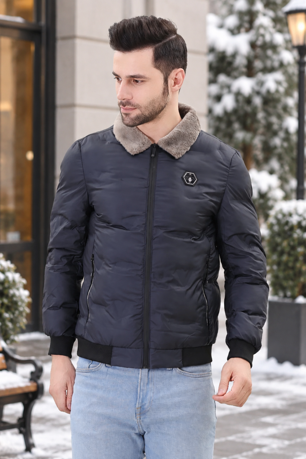 Navy Spread Collar Puffer Jacket for Mens