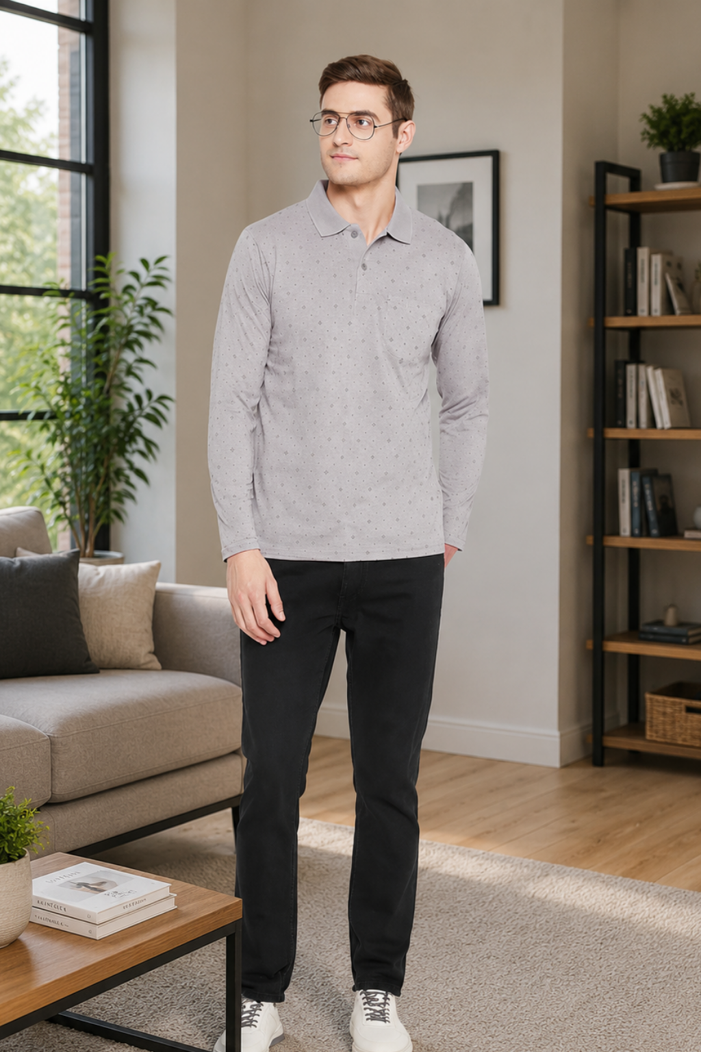 Camey Men's T-Shirts – Trendy Printed Tees for Casual Look | Men's Dark Grey Full Sleeves Cotton Polo Printed T-Shirt