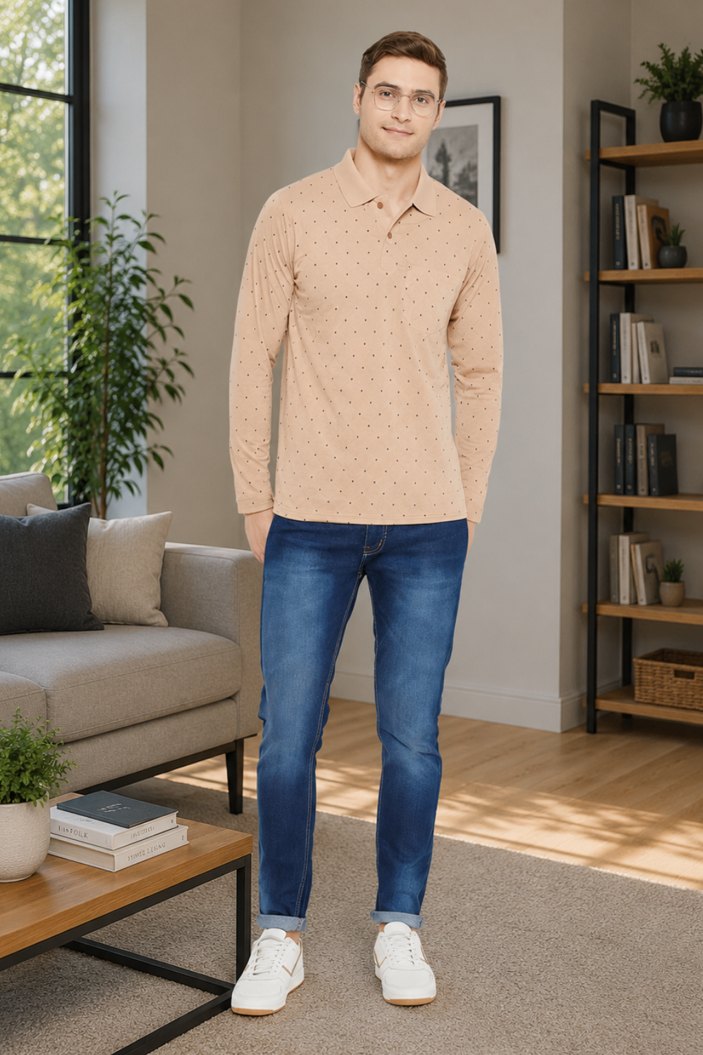 Men's Cream Full Sleeves Cotton Polo Printed T-Shirt