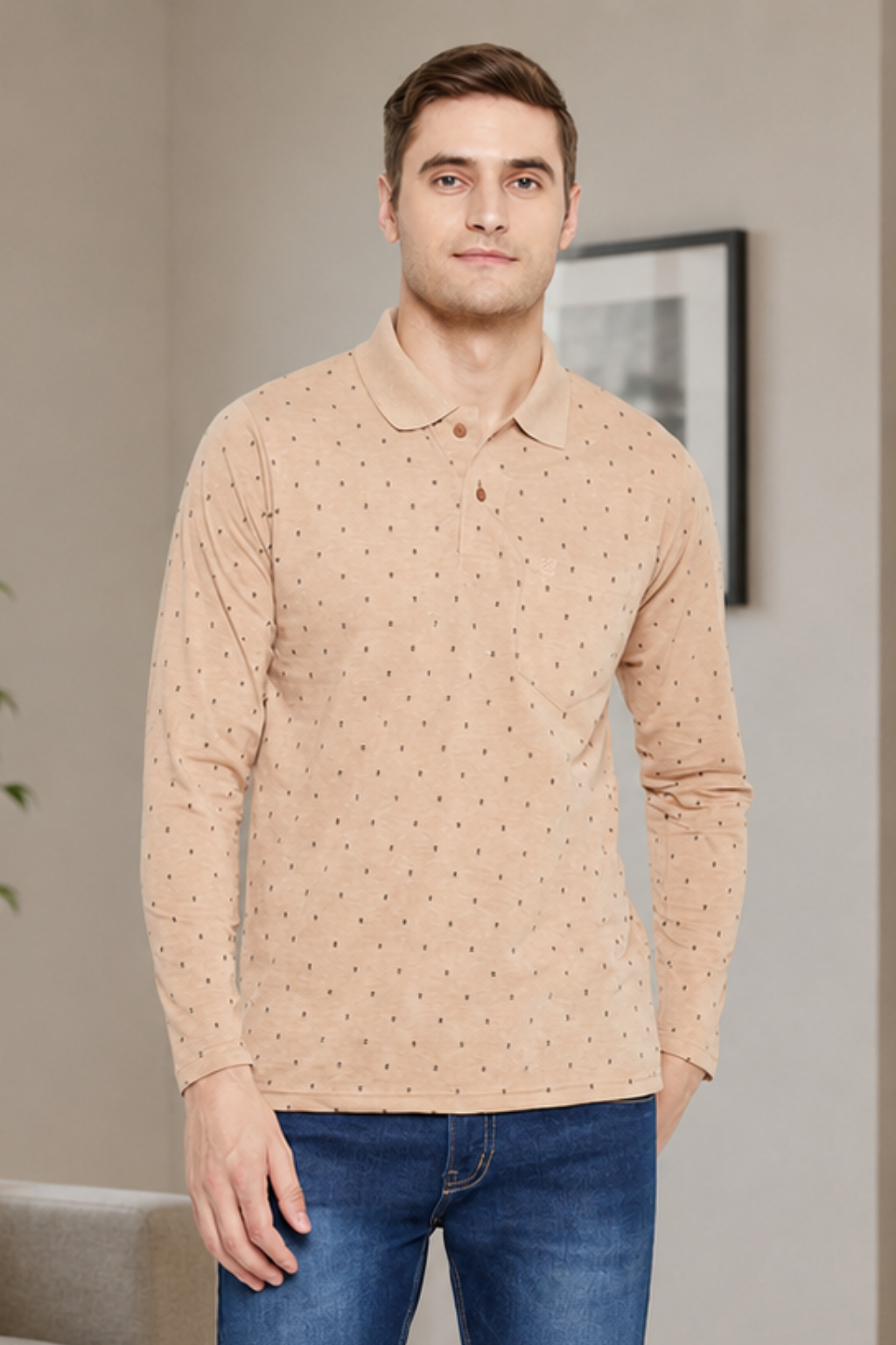 Men's Cream Full Sleeves Cotton Polo Printed T-Shirt