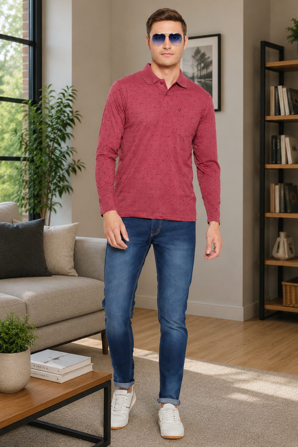 Buy Camey Cotton T-Shirts for Men – Soft & Breathable Fit | Men's Coffee Full Sleeves Cotton Polo Printed T-Shirt